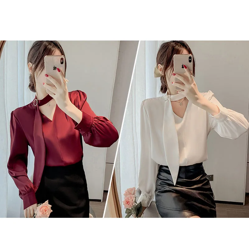 Blusas Mujer De Moda 2022 Verano Elegantes White Long Sleeve Blouses Chiffon Vetement Femme Chiffon V-Neck Wine Red Beading Tops