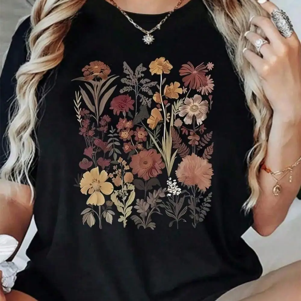Summer Outfits For WomenWomens Flowers Print Loose Oversized T-Shirt For Women - Casual Polyester Knit Fabric With Round Neckline, All-Season Com