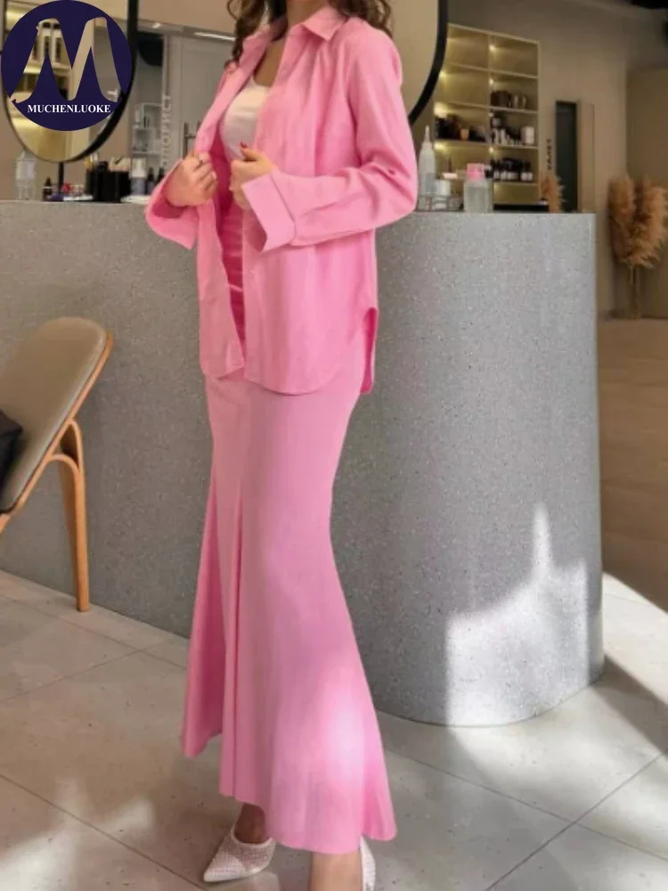 Women's Long Sleeve Lapel Collar Shirt Suits Fashionable Slim Fit Office Long Skirt Set Casual Spring Summer New 2 Pcs