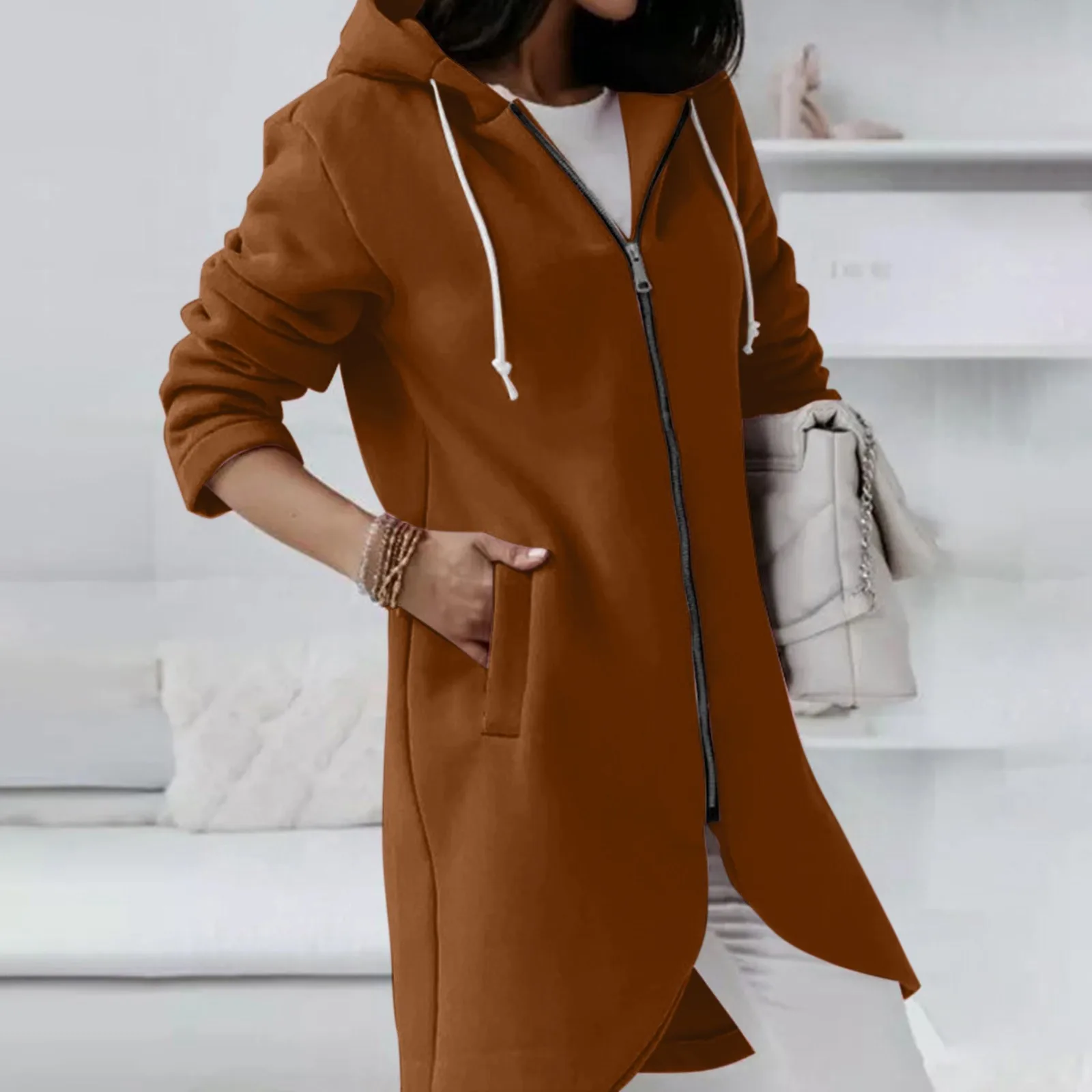 2023 autunno Casual cappotto donna felpe lunghe felpa Zip Up capispalla giacca con cappuccio tasche invernali Outwear top caldi femminili