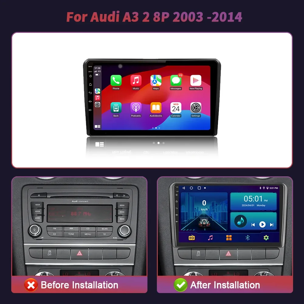 Android 14 Wireless Carplay Car Multimedia Player For Audi A3 2 8P 2003-2013 Head Unit Car Radio DSP GPS Navigation 4G WIFI BT