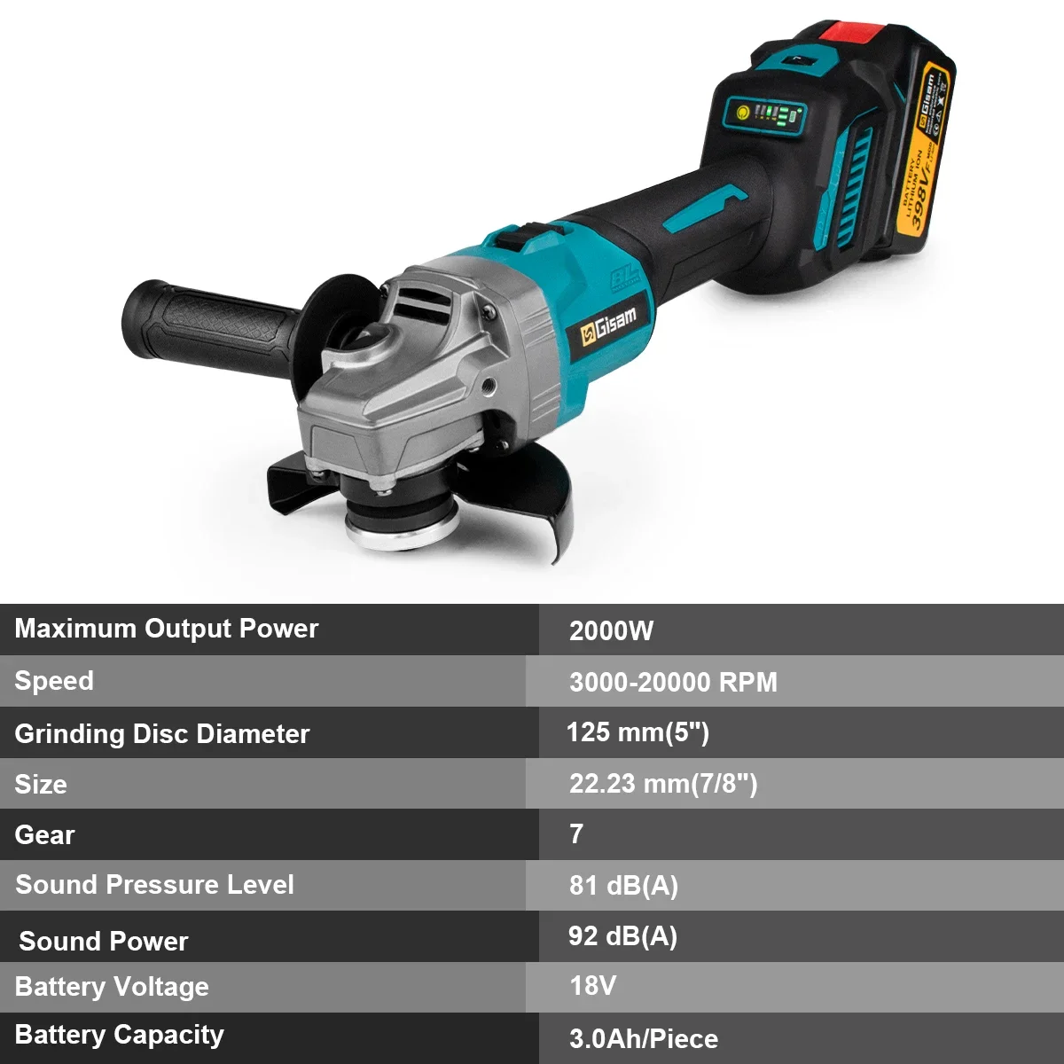 Gisam 125mm M14 Brushless Angle Grinder 7 Gears Cordless Grinding Machine Cutting Woodworking Power Tools For Makita 18V Battery