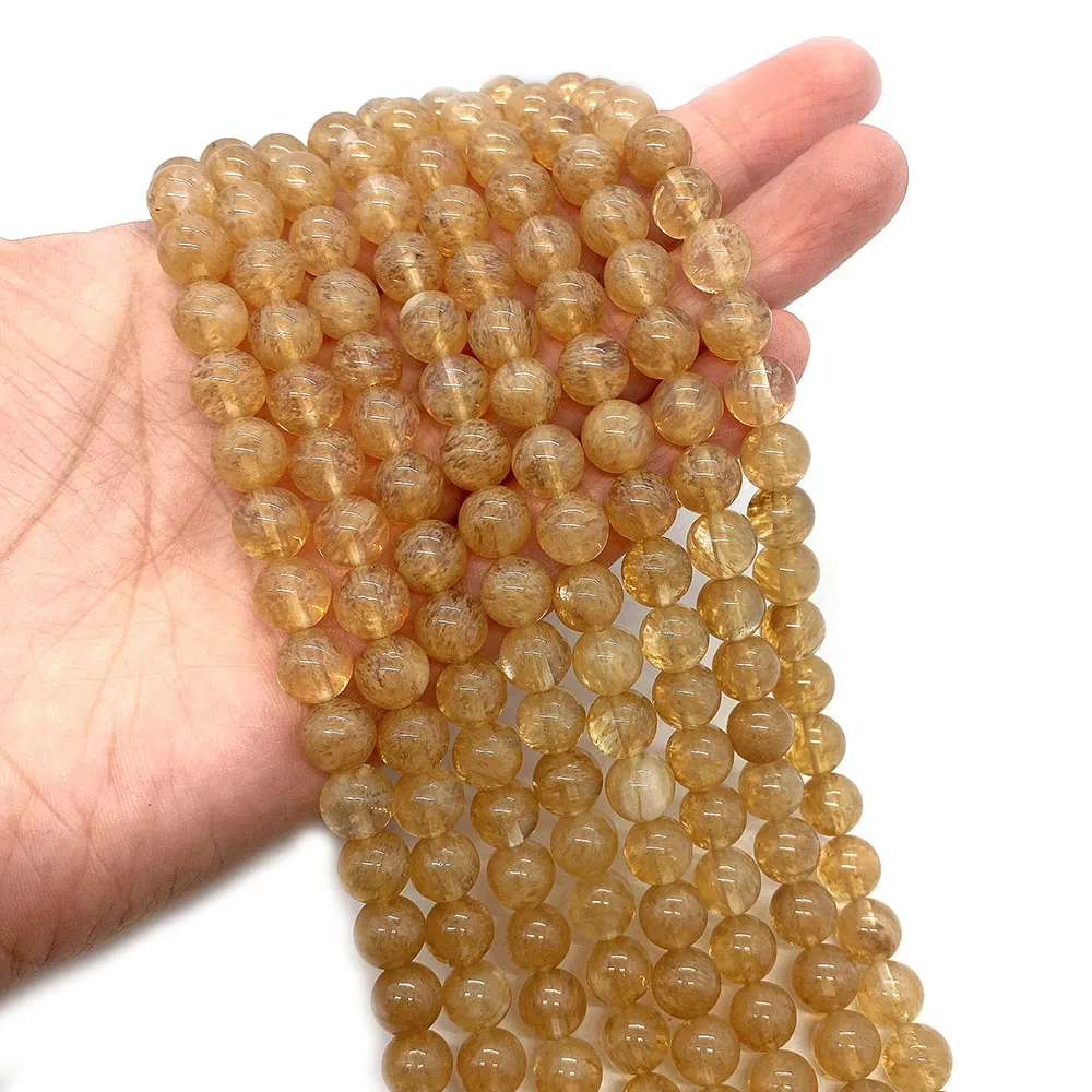 Creative Natural Yellow Watermelon Quartz Polished Straight-hole Round Loose Beads DIY for Necklaces Bracelets Jewelry Accessory