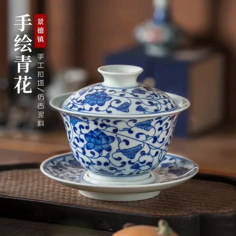 

Jingdezhen handmade underglaze color hand-painted entwined lotus ceramic tea bowl blue and white porcelain Sancai cover bowl