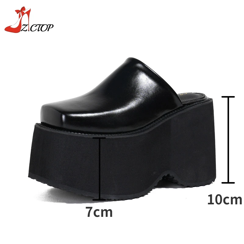 Black Platform Sandals Wedge High Heels Women Closed Toe Chunky Slippers Mules Outdoor Slip On Gothic Punk Shoes Big Size 41 42