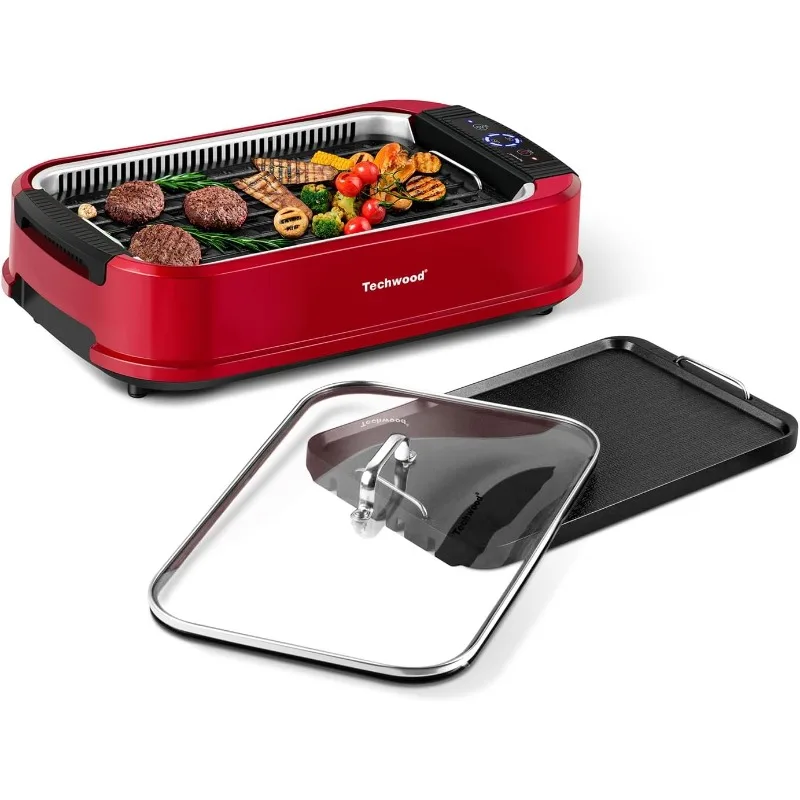 

Indoor Smokeless Grill, Techwood 1500W Electric Indoor Grill with Tempered Glass Lid, Portable Non-stick Double Grill Plates