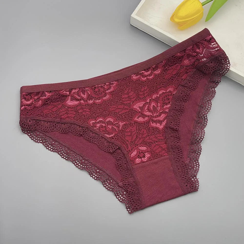 Moonflame 5 PCS Calzoncillos de algodón transparente de encaje de color sólido de talle bajo Bragas de mujer