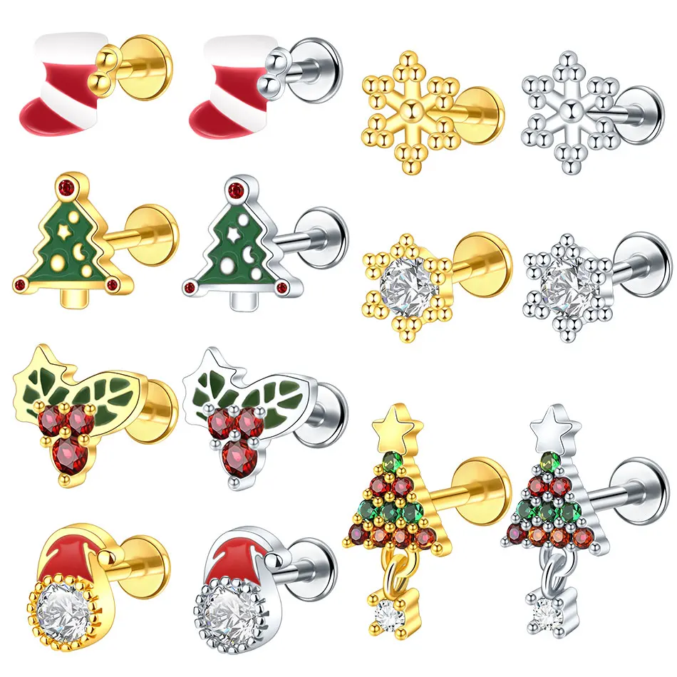 1PC 16G Stainless Steel Stud Earrings for Women Christmas Tree Santa Claus Shape Earring Helix Cartilage Piercing Jewelry Gifts