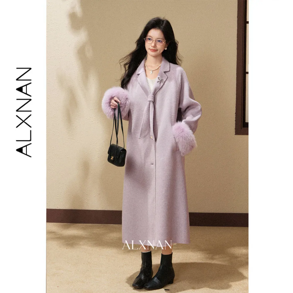 ALXNAN Purple Merino Wool Coat Women 2026 Autumn Winter Fashion Long Coat Warm Casual Loose-fit Elegant Female Outwear L68501