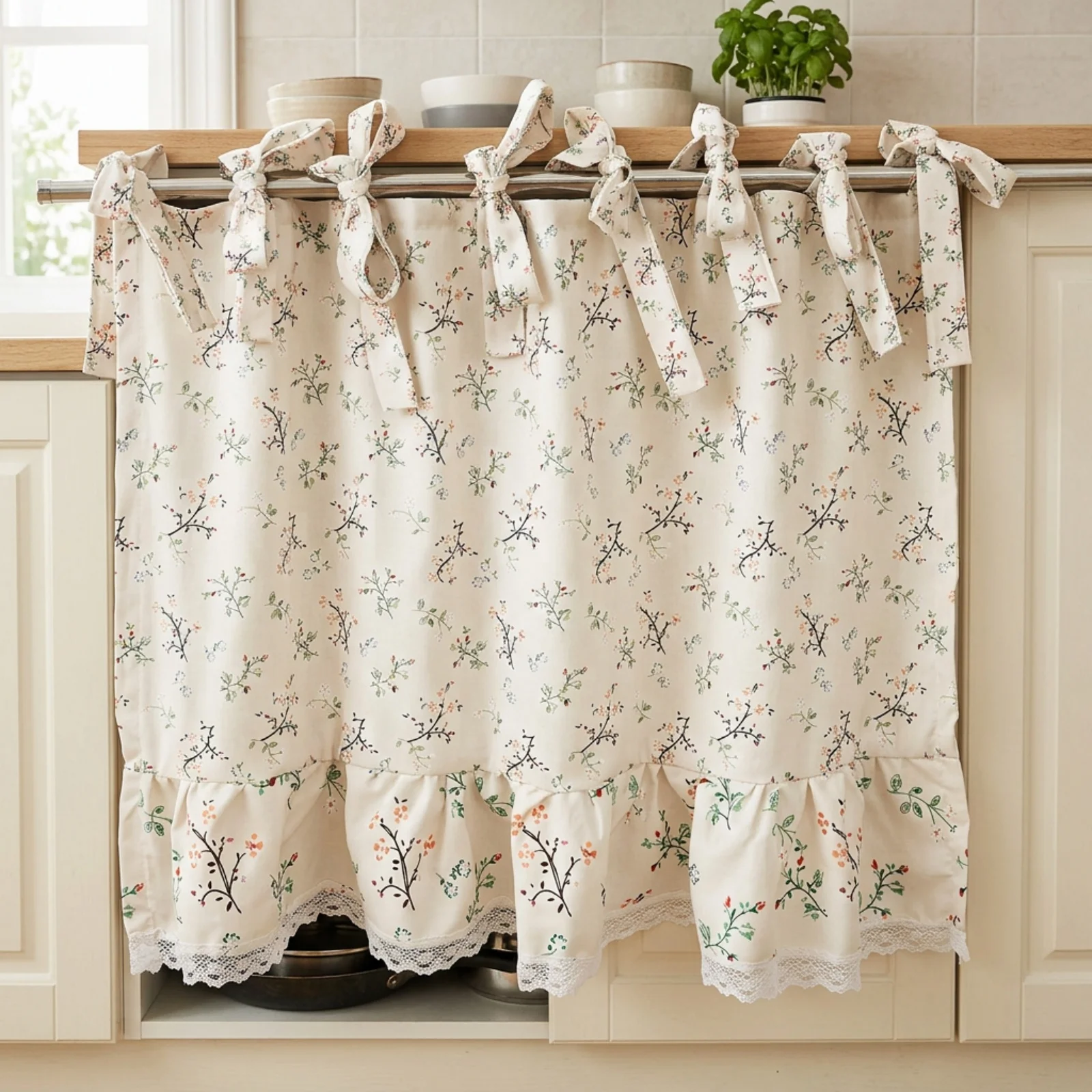 Oven Skirt Curtain Decoration Tie Top Oven Skirt Easy Install Cotton Dishwasher Hidden Door Curtain for Cabinet and Hide Clutter