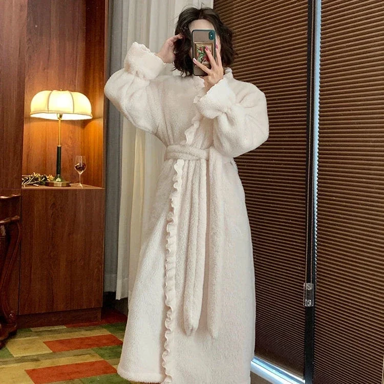 

Women's Flannel Dressing Gown Winter Solid Ruffles Loose Ladies Korea Style Bathrobe Fleece Long Sleeve Homewear For Female