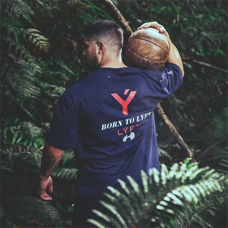 LYFT 210GSM Baumwolle Herren Gym Kurzarm Fitness Übergroßes T-Shirt Sommer Mode Lose Lässige Herren Workout Sport T-Shirts Tops