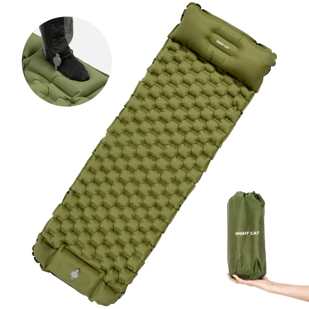 Night Cat Inflatable Sleeping Pads Mat Bed with Pillow Foot Pump for Camping Backpacking Hiking Ultra-Light Compact Comfortable Extendable 77