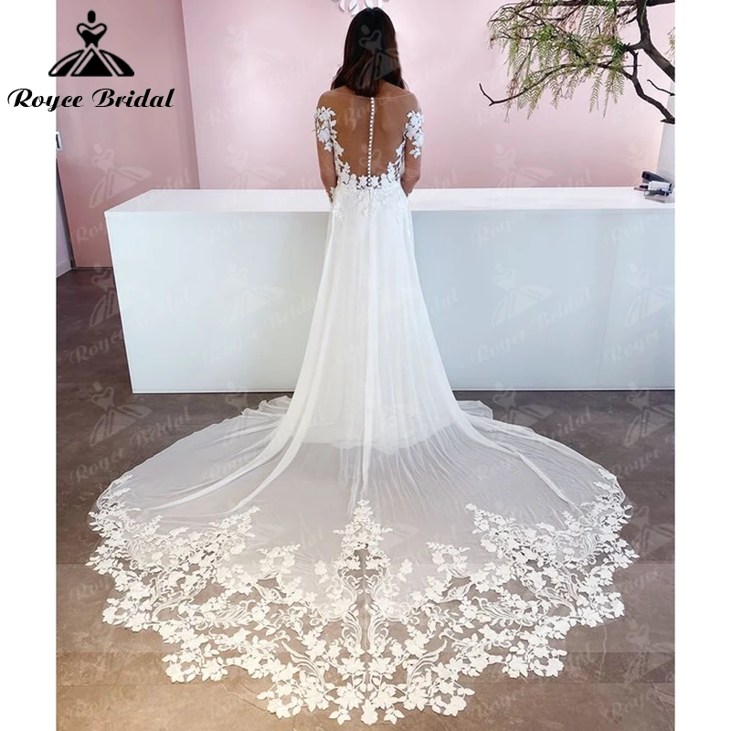 Impresionante Vestido De boda De corte A con botones en la espalda, ilusión, manga larga, encaje recortado, gasa, cuello en V, Vestido De tren De novia