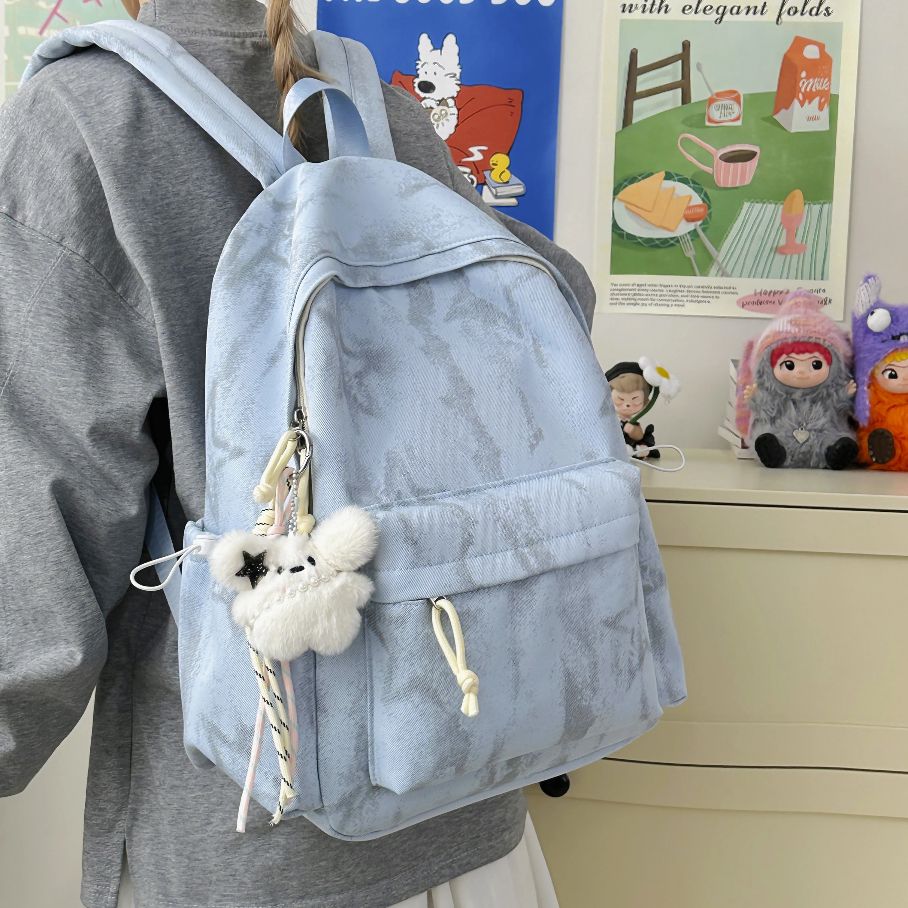Women's High Capacity Tie-Dye Nylon Backpack Plush Pom Pom Charm Decor Casual Daily School Travel Shoulder Bag 2026 Back Pack