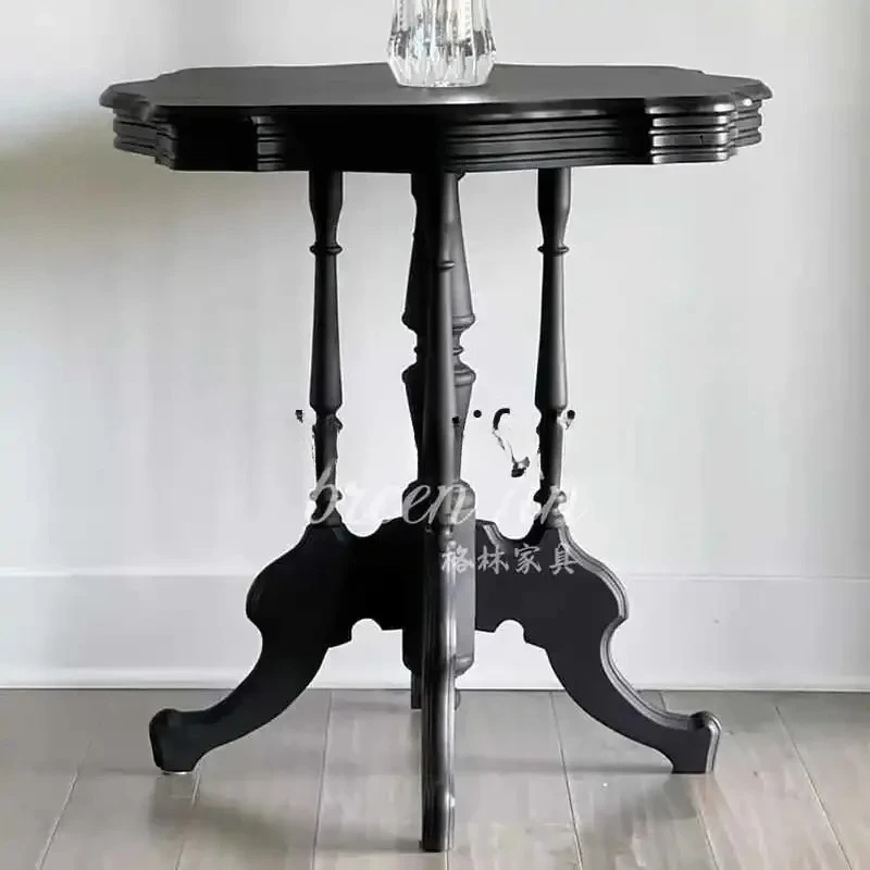 

Retro black solid wood small coffee table Balcony side coffee table American classical small round table6220