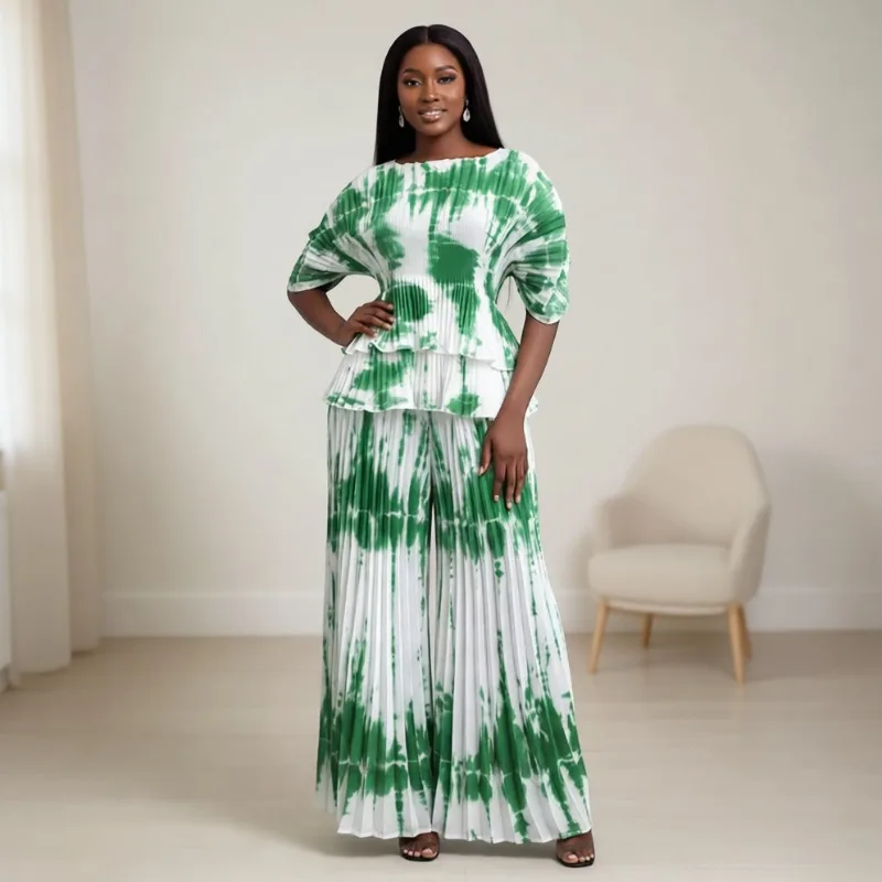 

Miyake Pleated Women's Scalloped Top Printed Casual Pants Set Simple Loose Middle Eastern European Clothing Plus Size Stretchy