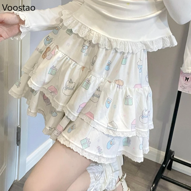 Japanese Kawaii Cartoon Print Lolita Mini Skirt Women Casual Lace Ruffles Y2k Cake Skirts Girls Sweet Elastic Waist Short Skirt