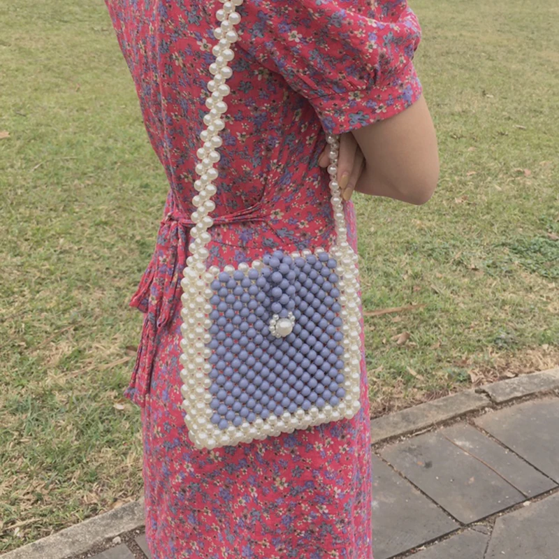 Vintage Hand Woven Pearl Mobile Phone Purses and Handbags Summer Color Blocking Ladies Shoulder Bag Women Beach Beaded Hand Bag