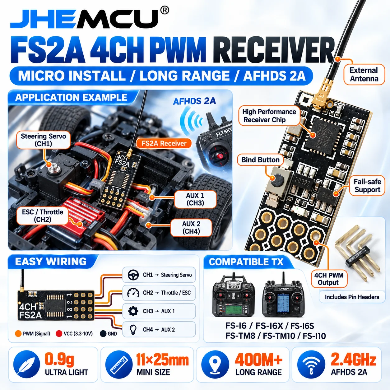 JHEMCU FS2A 4CH AFHDS 2A Receiver for Flysky I6 I6X I6S FS-I6 FS-I6X FS-I6S RC Transmitter RC Drone Boat Car Vehicle Model Parts