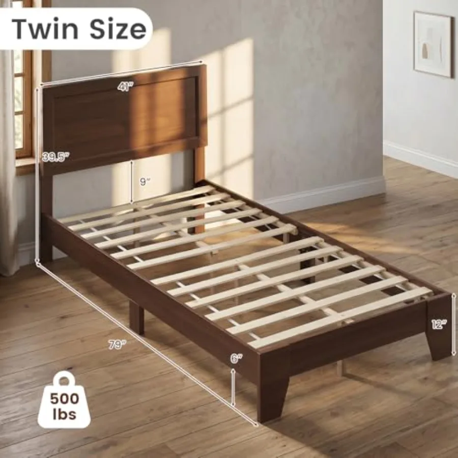 Mid-Century Modern Wooden Platform Bed Frame with Slats, Natural Wood Finish, Under-Bed Storage, No Box Spring Needed