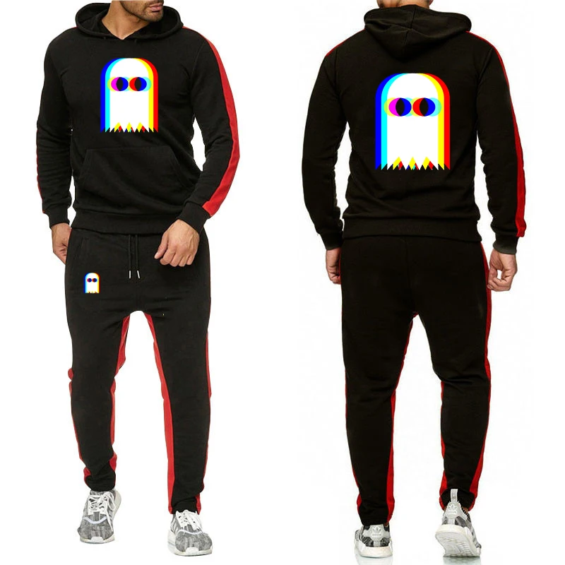 

2025 Spring And Autumn Men's Funny Ghost Psychedelic Vaporwave Halloween EDM Music Logo Print Smooth Clean Hoodies Pants Suits