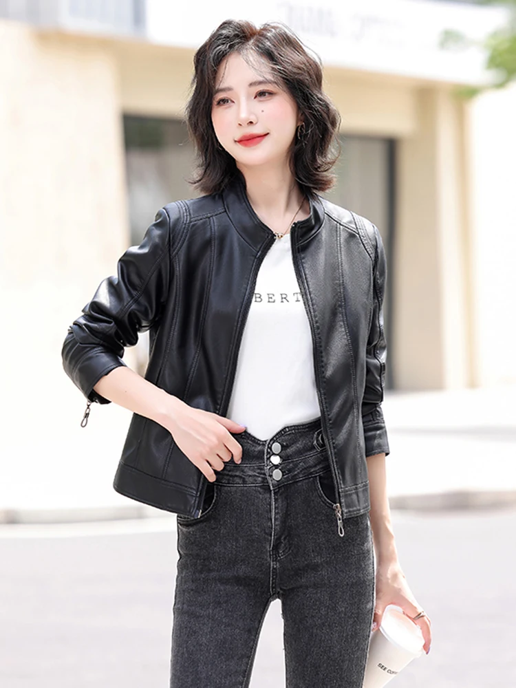   Chaqueta de Cuero Genuino Ning para Mujer, Diseño de Motocicleta, Corte Ajustado, Talla Pequeña, Primavera-Otoño 2025