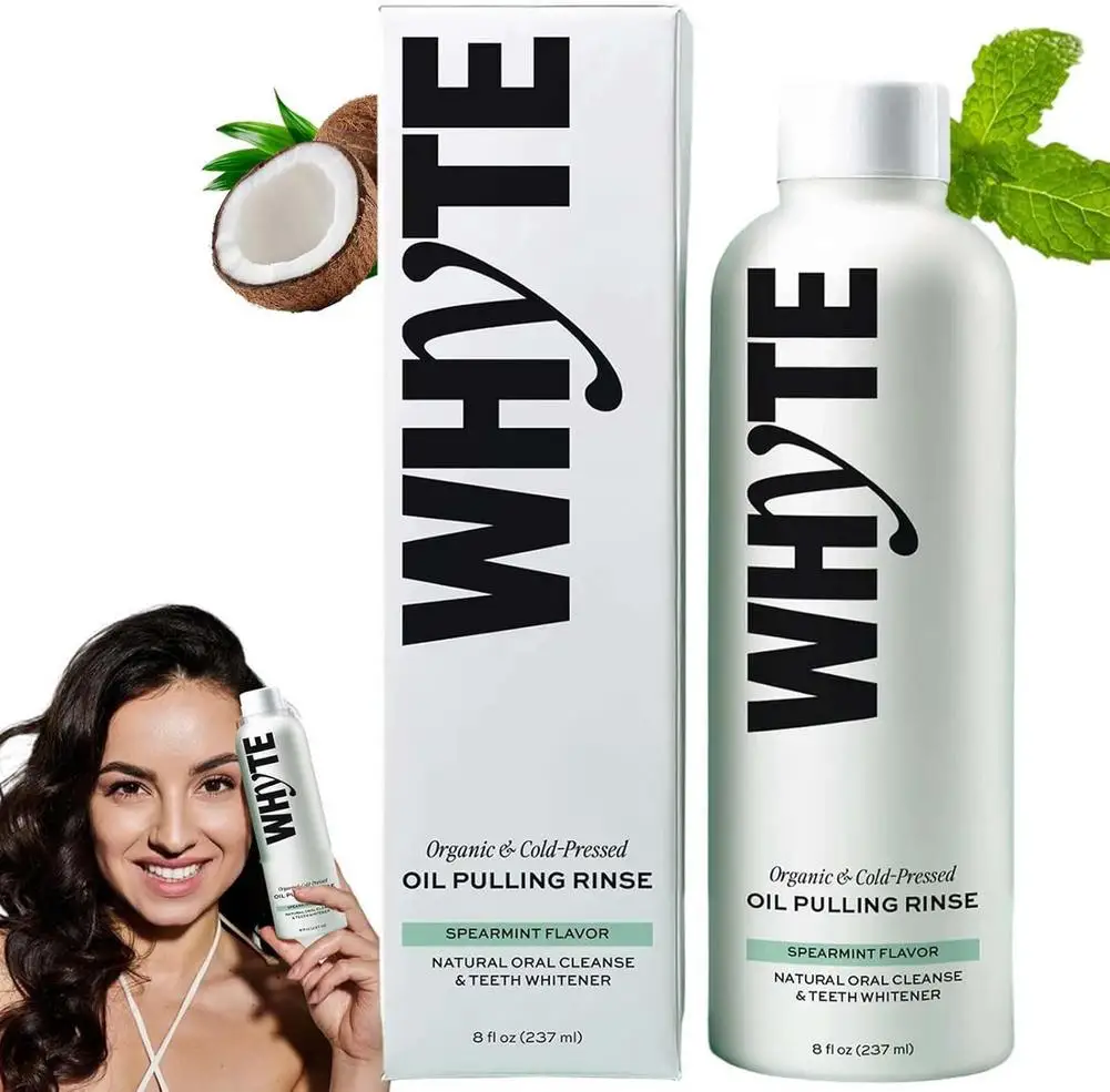 WHYTE Organic Cold Pressed Oil Pulling Rinse Spearmint Flavor Natural Teeth Whitening Mouth Oil for Gum Health Fresh Breath