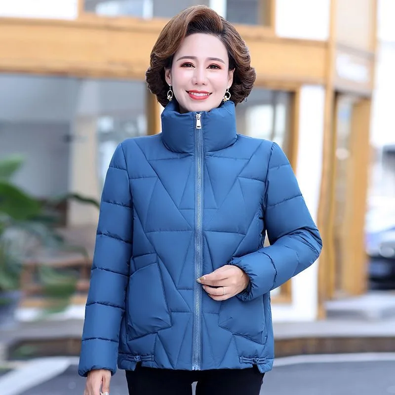 Mature Women Short Puffer Coat Winter Thick Warm Stand Collar Mom Cotton Jacket