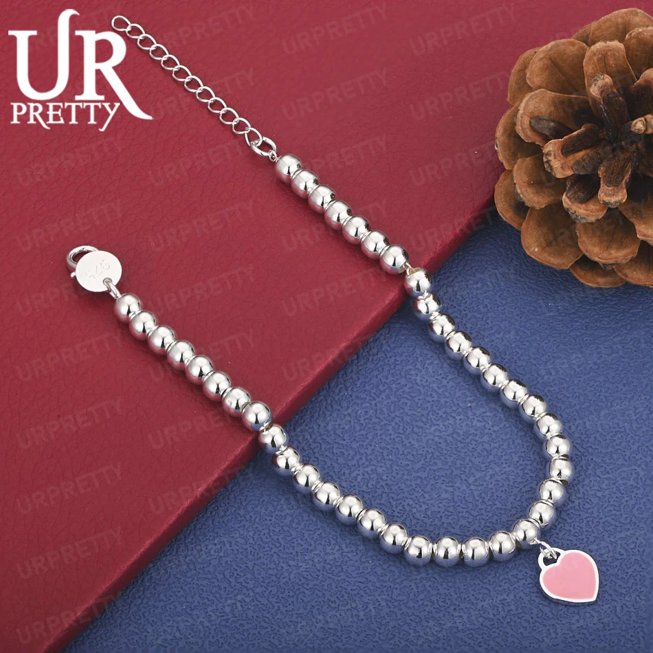 925 Sterling Silver 6mm Bead Chain Pink Blue Red Heart Bracelet Women Birthday Party Wedding Romantic Gift Fashion Jewelry view 3