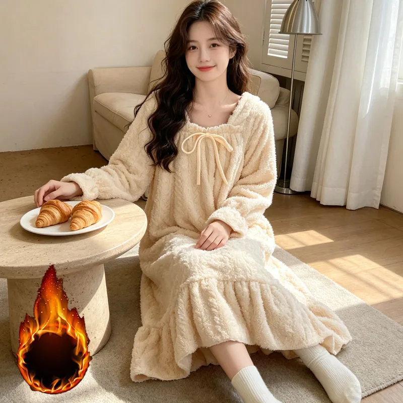 Over Knee Long Sleeve Women's Coral Velvet Sleepshirt Thickened Princess Style Bow Soft Warm Cozy Lounger Autumn Winter Pajama