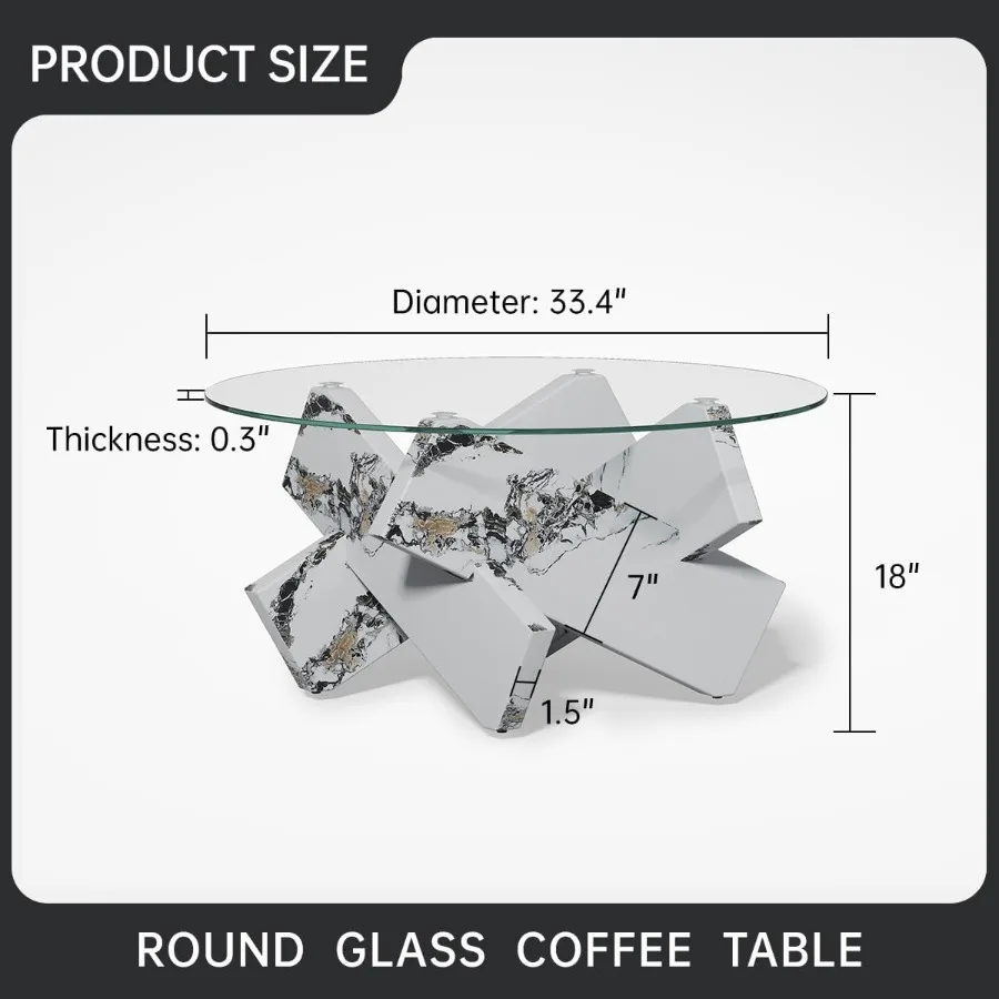 White Round Glass Coffee Table33Inch Small Modern for Living Room Clear Circle Accent Table Adapts to Farmhouse and Contemporar