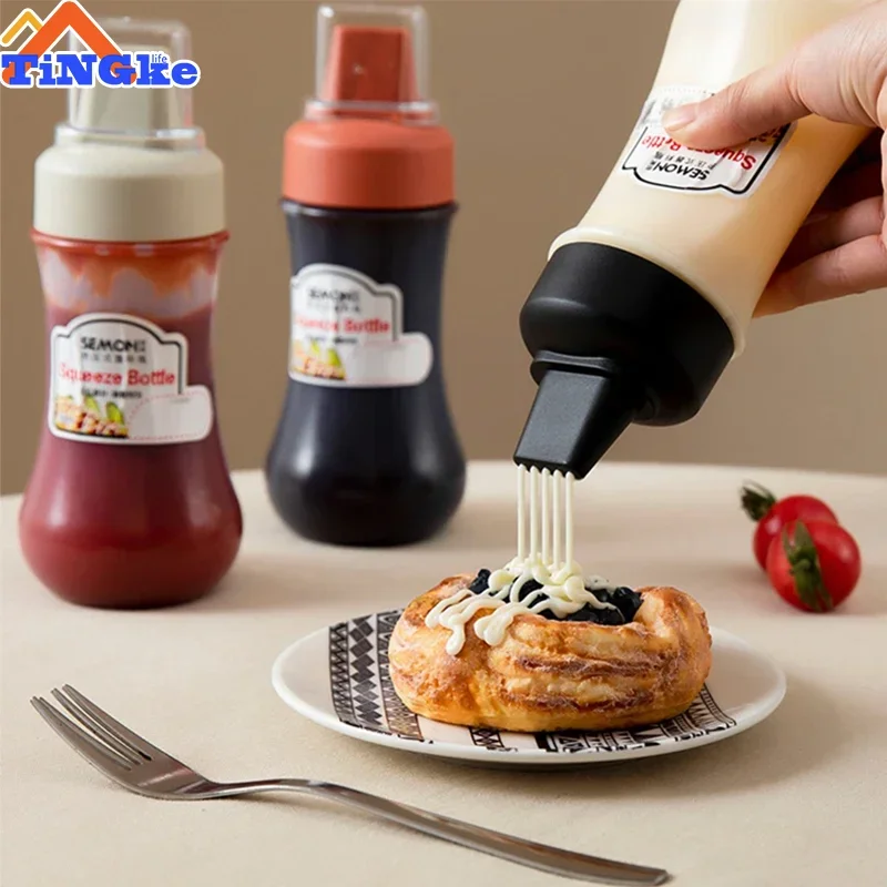 1/3pcs 5 Hole Condiment Bottles With Nozzles Ketchup Mayonnaise Squeeze Bottle Honey With Scale Dispenser Kitchen Accessories