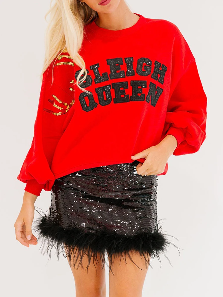 Women's Christmas Loose Pullover Sparkly Rhinestone Letter Print Long Sleeve Crew Neck Sweatshirt