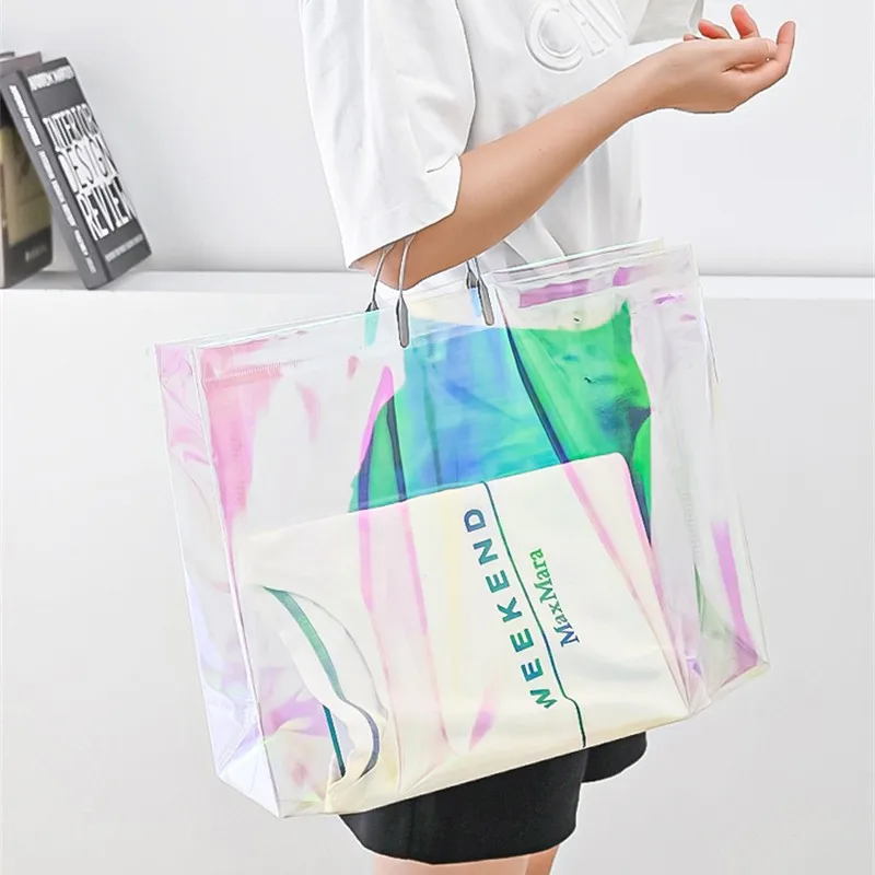 StoBag 10pcs Transparent Shopping Tote Bag Woman\'s Plastic Shoulder Fashion Gift Wedding Pouches Portable Custom Logo(Extra Fee)