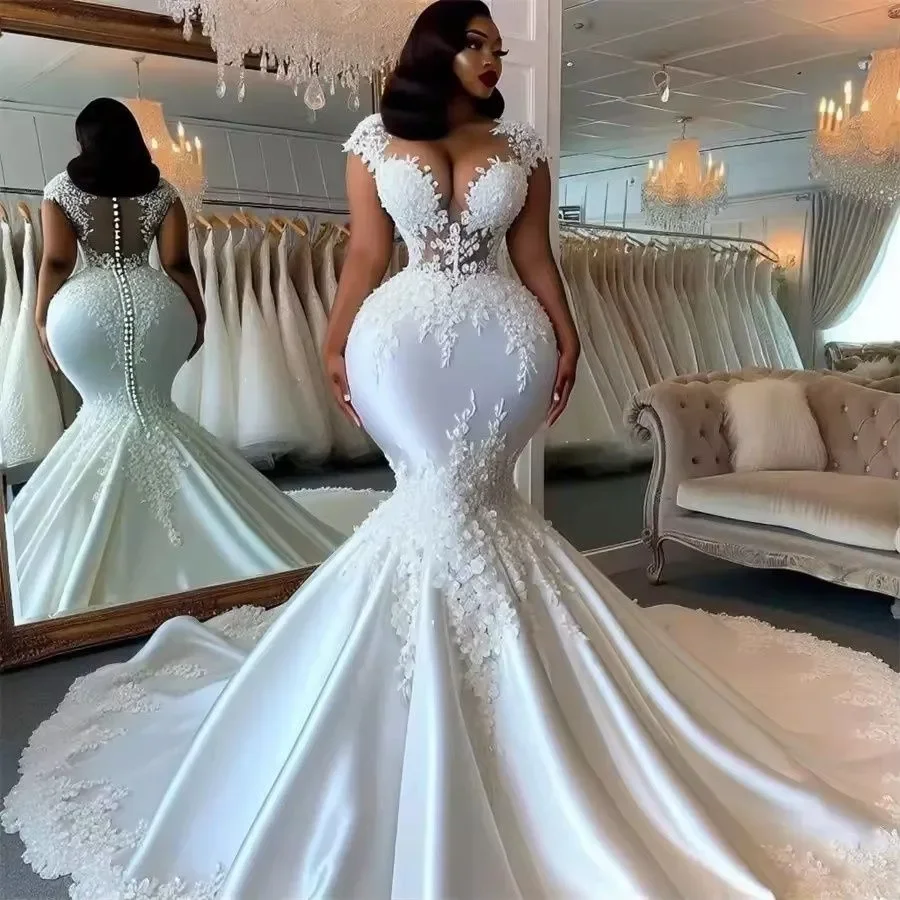 Robes De mariée sirène personnalisées en dentelle, col transparent, avec des Appliques, manches cape, boutons au dos