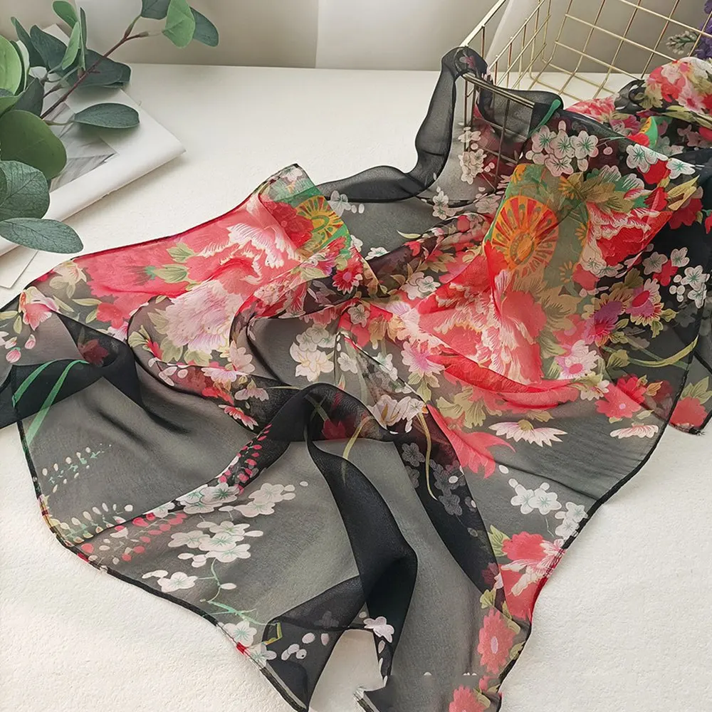 New Fashion Flower Chiffon Silky Georgette Scarf for Women Printing Long Soft Wrap Shawl Beach Kerchief Scarves Foulard hijabs