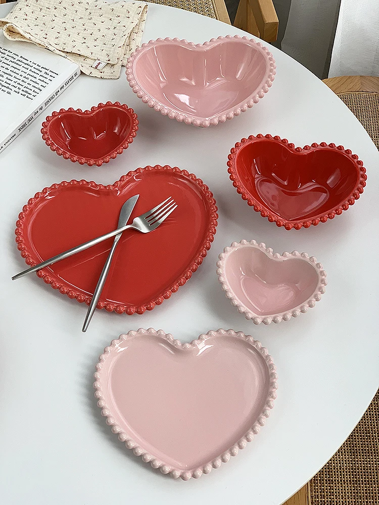 Anmuli Pink Heart Dot  Ceramic Rice Bowl Dessert Soup Plate Korean Style  Popular Elements Plain Color 8 Inch Plate
