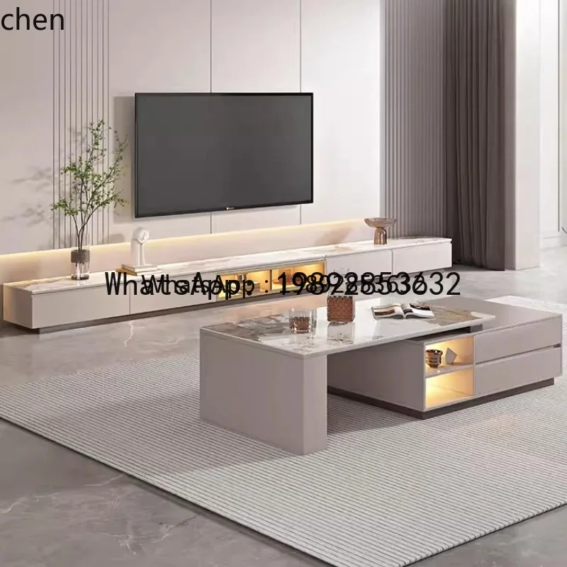 

X4 rock slab solid wood coffee table TV cabinet combination retractable living room bright floor cabinet