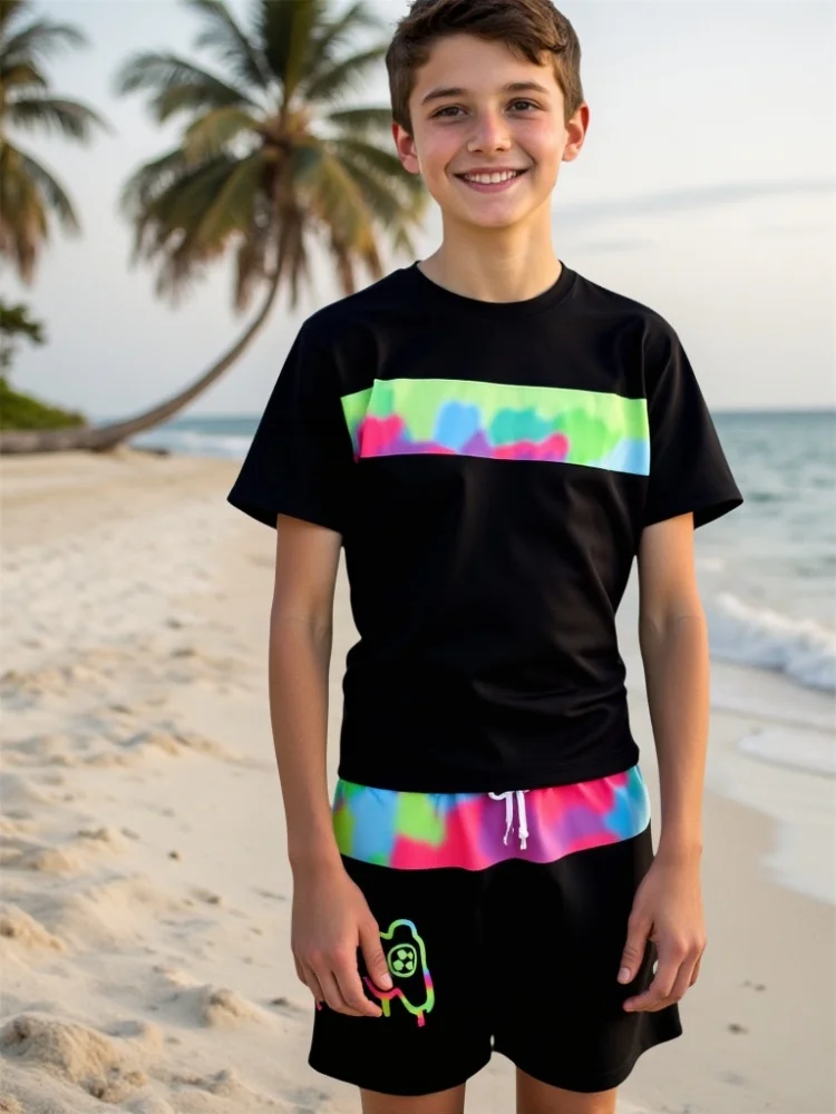 

Boy Kids Swimsuit 2026 New Gradient Short Sleeves Children Swimwear Summer Teenager Two Piece Beach Wear Bathing Suit Swimming
