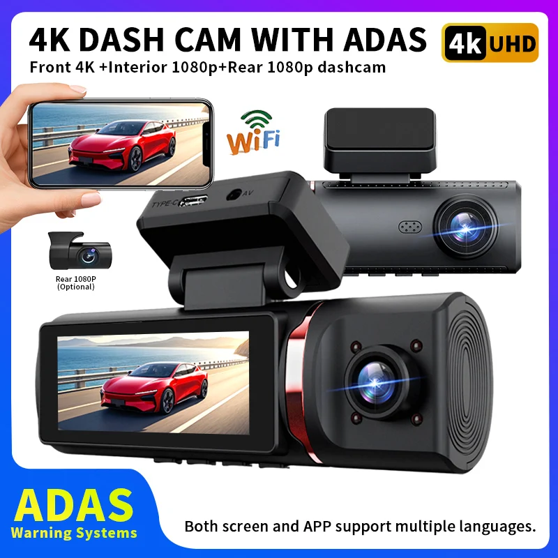 Triple Lens 4K Dash Cam for Cars 3 Channel Front 4K Interior 1080P Rear 1080P WiFi DVR with F1.6 Aperture Night Vision