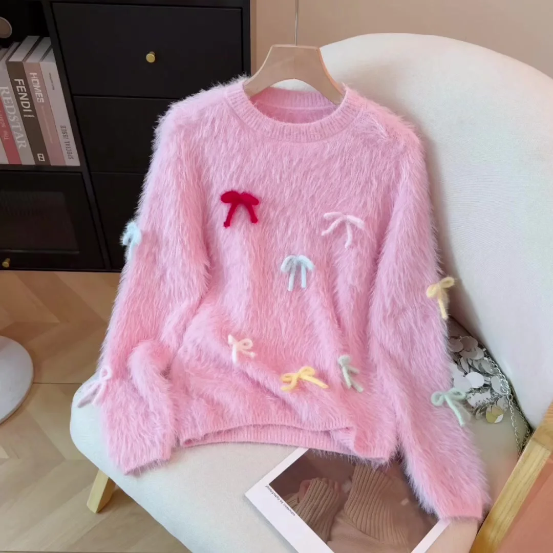 

Женский розовый вязаный пуловер с бантом, свитер из мохера, винтажный корейский свитер 2000-х годов с длинными рукавами для женщин, осенне-зимняя одежда Shoujo