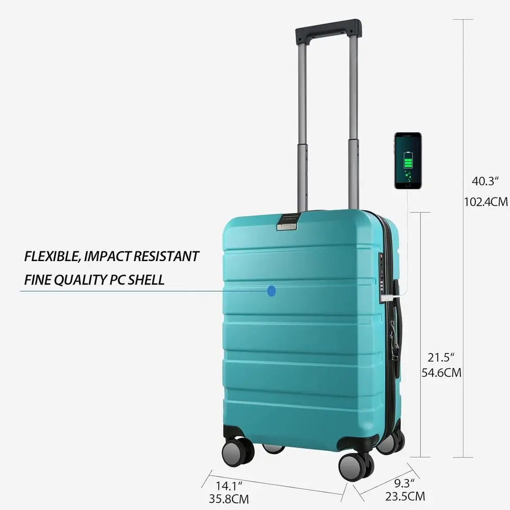 Expandable 20-Inch Hardside Spinner Luggage with USB Port and TSA Lock, Lake Blue