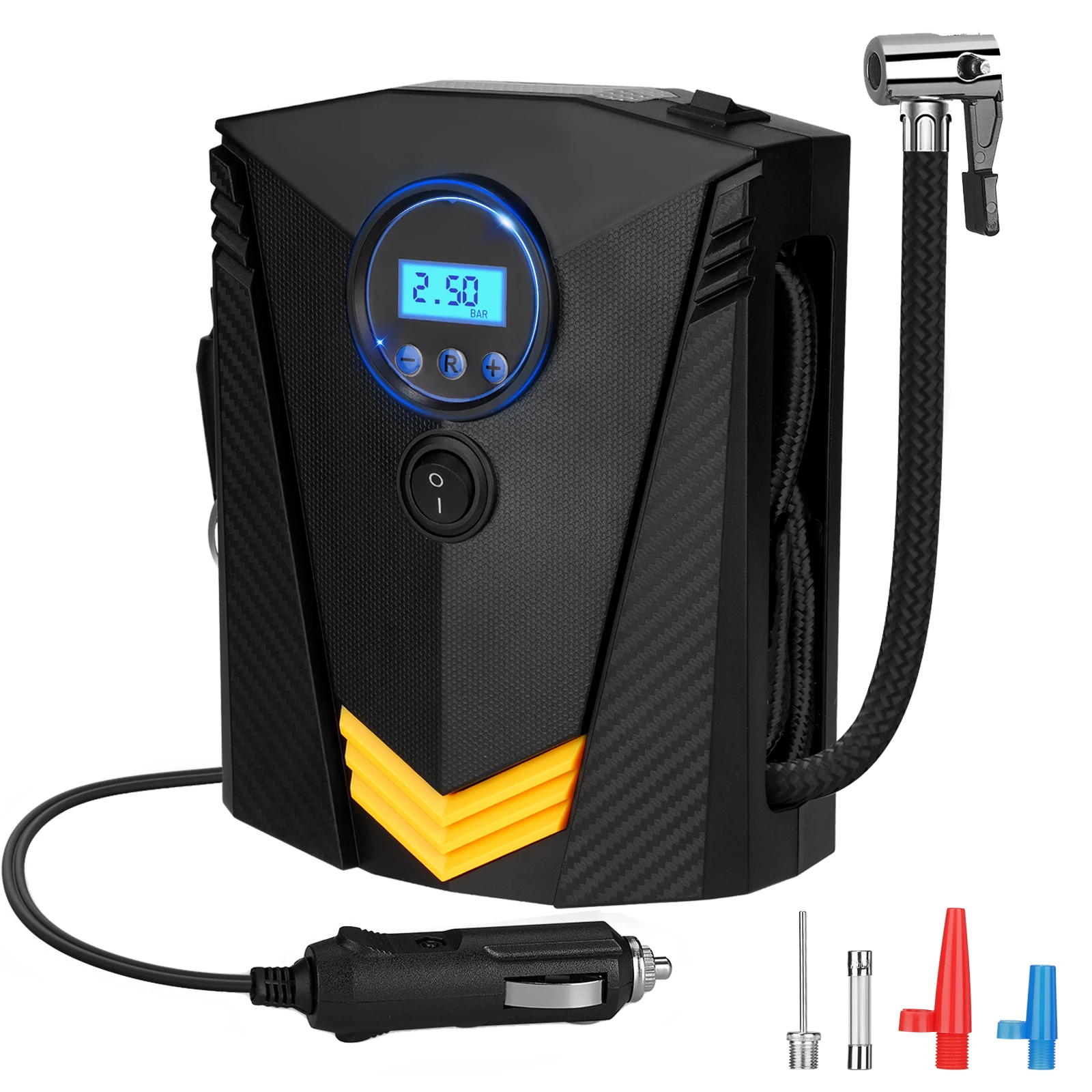 

Автомобильный воздушный компрессор для накачивания шин, портативный фотоэлектрический 12 В/10,5 psi/бар, цифровой накачиватель шин с 3 адаптерами сопла
