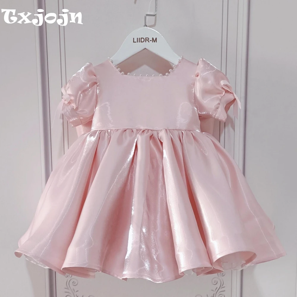 Pink Glitter Pearls Puff Sleeve Kids Dresses With Bow Dancing Performance Wear Exquisite Puff Sleeve Girls Princess Gown