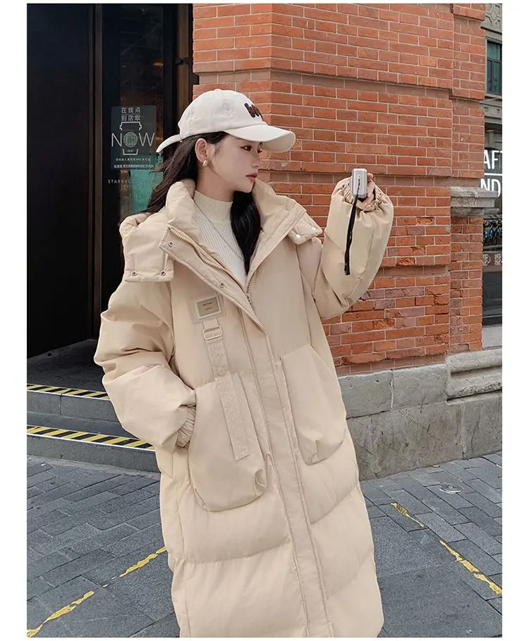 2025, lässige Daunen-Baumwolljacke für Damen, solide Langarm-Outwear, mit Kapuze, X-lange Parkas, Winter-Pufferjacke, dicker, warmer Schneemantel