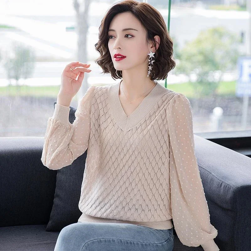 Jersey de punto ahuecado de estilo coreano para mujer, Tops holgados de manga farol, suéter corto, camiseta lisa elegante para oficina, E244, otoño