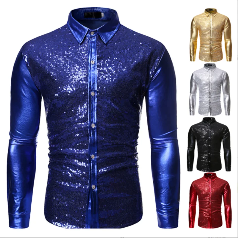 Camisa de manga larga con lentejuelas brillantes para hombre, ropa de discoteca para fiesta nocturna, espectáculo de baile, Top de actuación, dorado, azul, negro, rojo, blanco