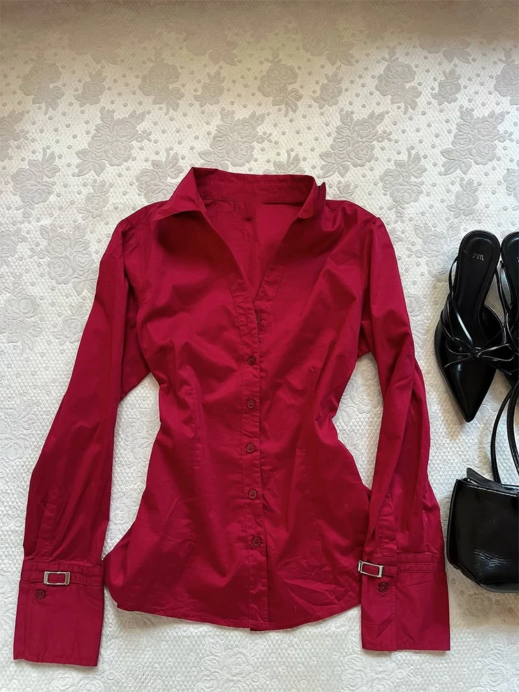 

Red Slim Fit Long Sve irt Original Retro Design High Quali Cotton Women's Faion Autumn Top Button up Collar irt