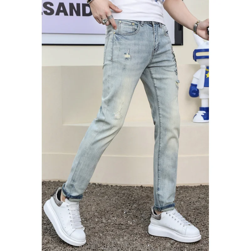 Calça jeans high-end masculina, impressão por transferência de calor, estampa vintage, luz azul, alongamento luxuoso, ajuste fino, calça cônico, verão